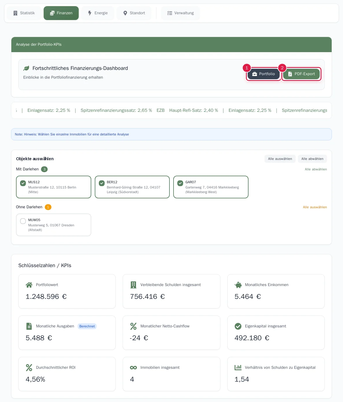 Finanz-Dashboard mit Zinsleiste, Immobilienauswahl und Kennzahlen