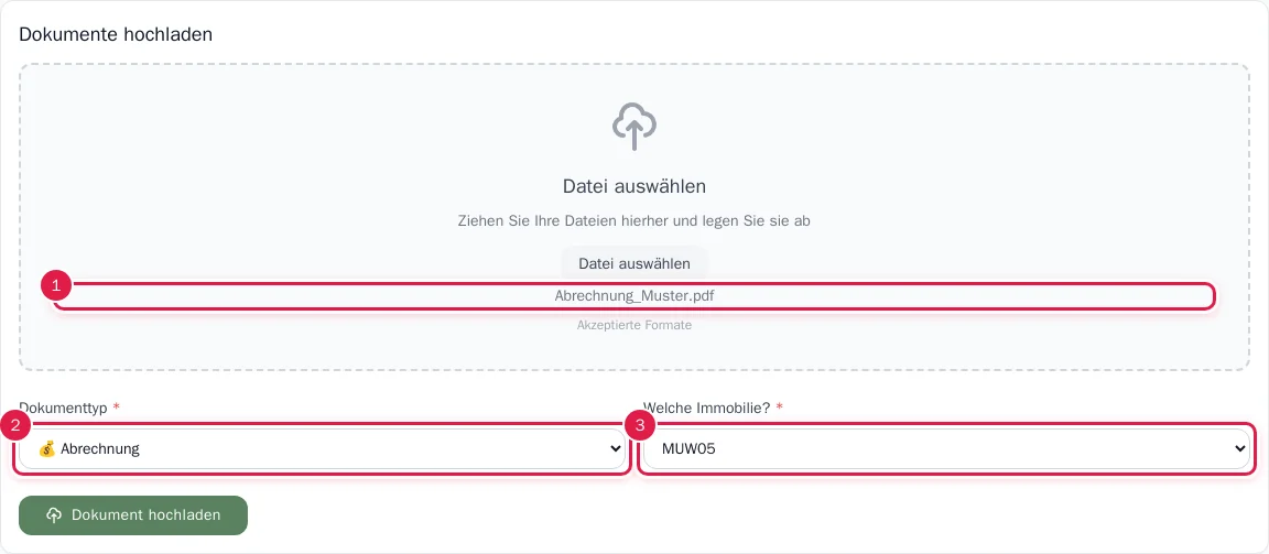 Upload-Bereich mit Datei, Dokumenttyp und Immobilie