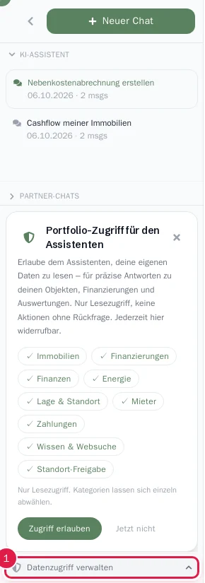 Die Karte für den Datenzugriff mit den Kategorien