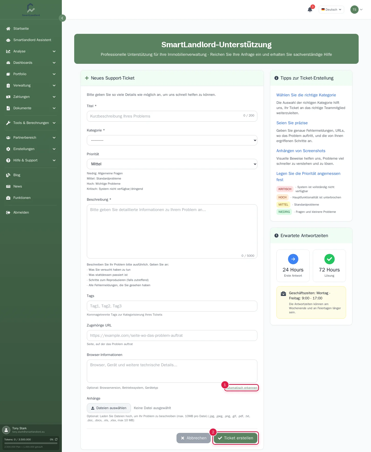 Formular für ein neues Support-Ticket
