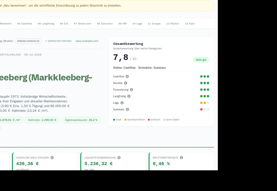 Der ImmoCheck-Bericht mit Schaltflächen oben und Inhaltsübersicht