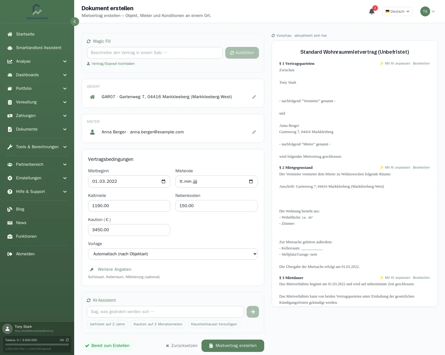 Vertragseditor mit Formular links und Live-Vorschau rechts