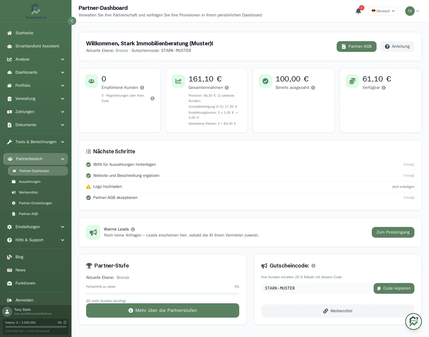 Das Partner-Dashboard mit Kennzahlen, nächsten Schritten, Partnerstufe und Gutscheincode