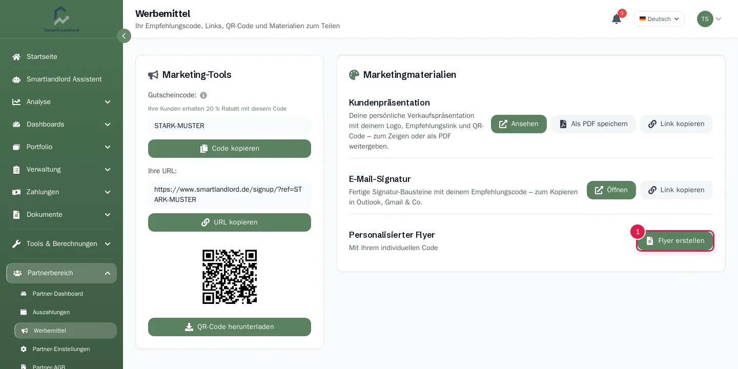 Seite Werbemittel mit Marketing-Tools links und Marketingmaterialien rechts