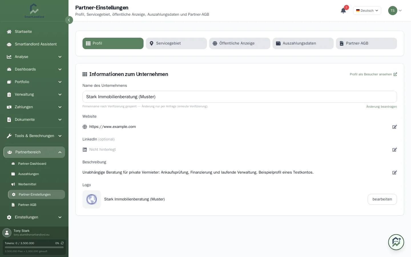 Partner-Einstellungen mit den fünf Tabs und dem Profil