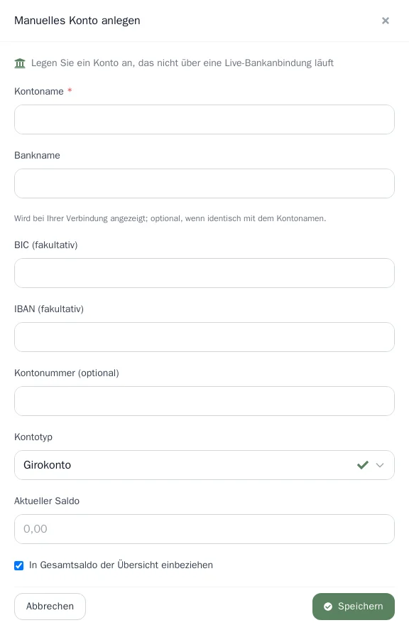 Seitenfenster zum Anlegen eines manuellen Kontos