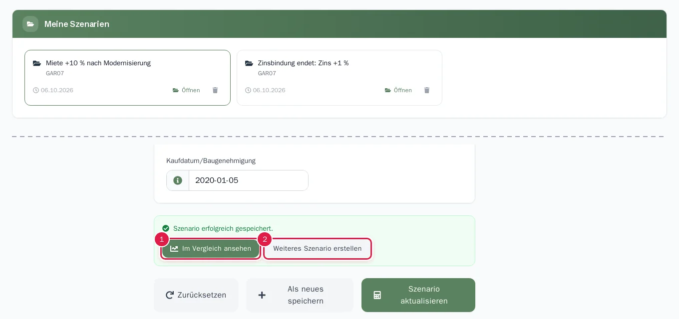 Das gespeicherte Szenario mit Erfolgsmeldung und der Liste Meine Szenarien