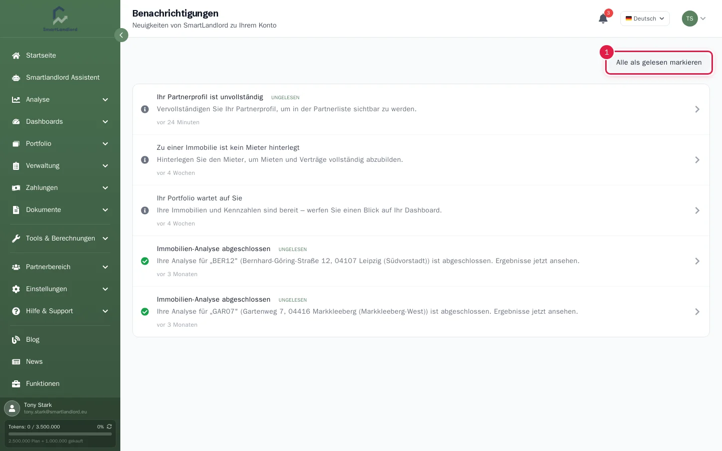 Seite Benachrichtigungen mit ungelesenen und gelesenen Meldungen