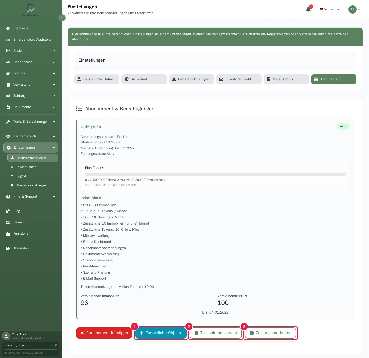 Tab Abonnement mit Tarif, Plan-Tokens und Verbrauch