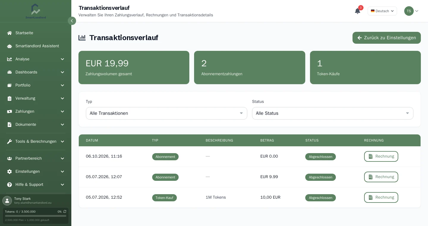 Transaktionsverlauf mit Filtern und Rechnungsbuttons
