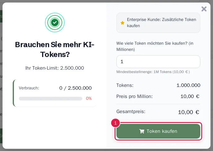Fenster zum Nachkaufen von Tokens