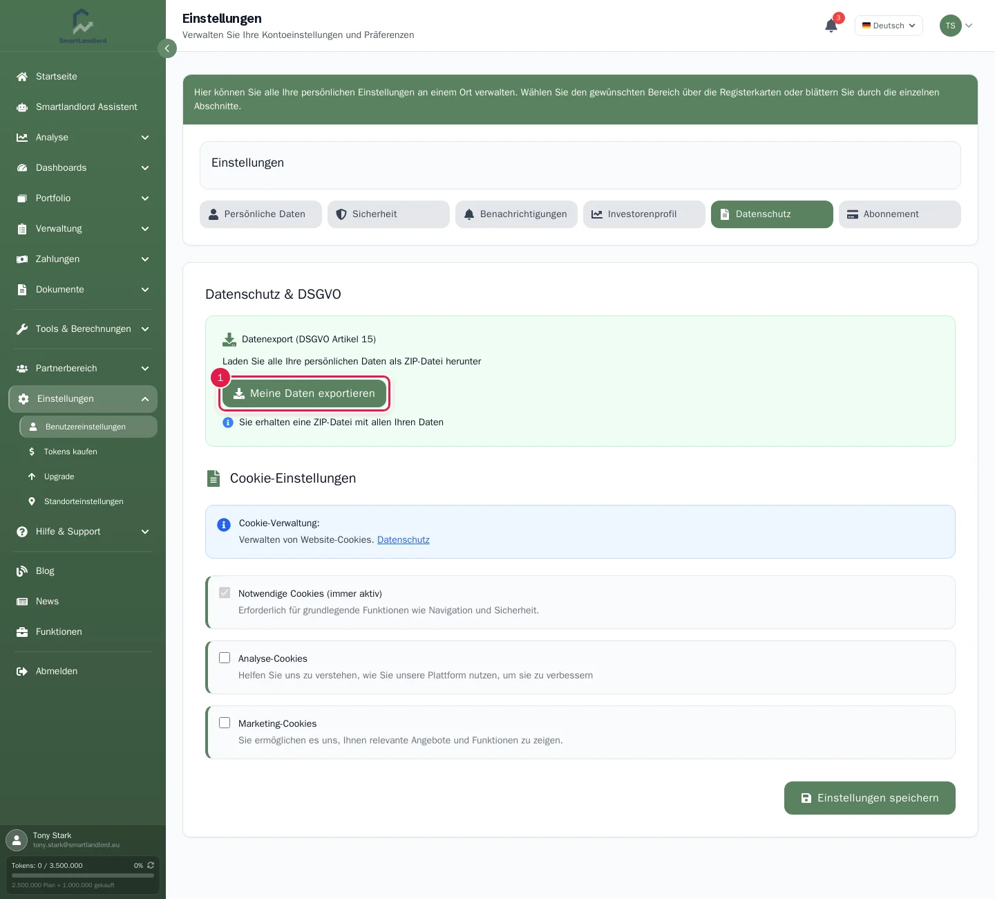 Tab Datenschutz mit Datenexport und Cookie-Einstellungen