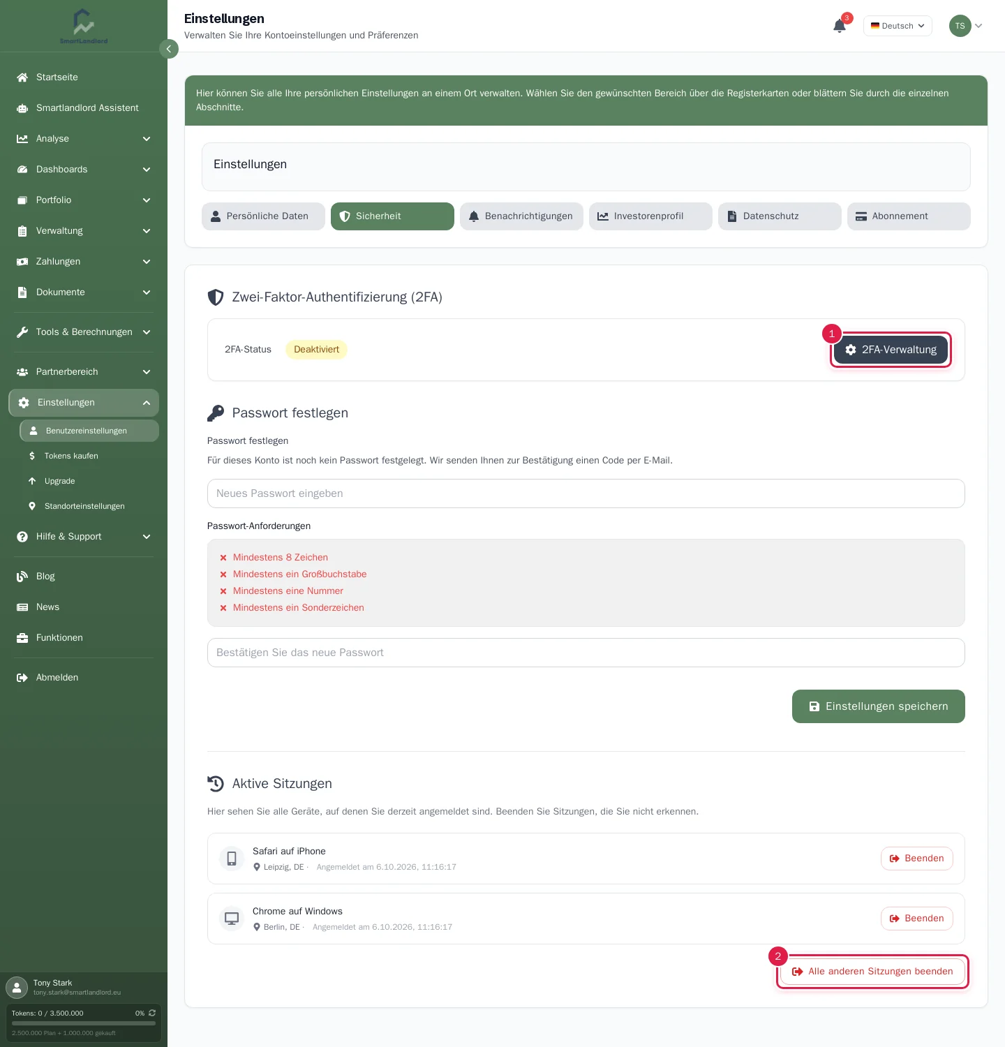 Tab Sicherheit mit 2FA-Status, Passwort und aktiven Sitzungen