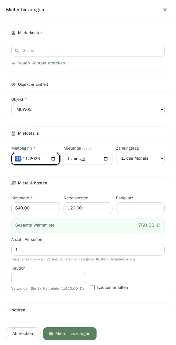 Formular zum Anlegen eines Mieters
